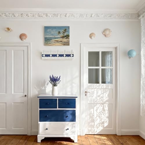 SKOLOO Coastal Wall Mounted Coat Rack - 16-7/8" Beach House Entryway Wooden Coat Hook with 5 Hooks for Hanging Coats, Hats or Towels, Oceanfront Cottage Core Collection, White & Blue, Pack of 2 - Image 2