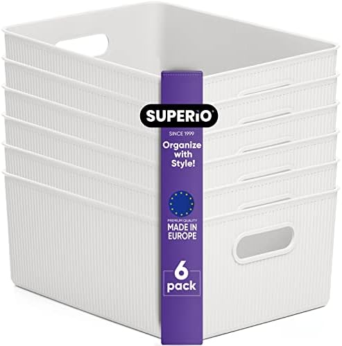 Superio Ribbed Collection - Decorative Plastic Basket Open Home Storage Bins Organizer, Large White (6 Pack) Container Boxes for Organizing Closet Storage Bins for Shelves 15 Liter/16 Quart by Superio