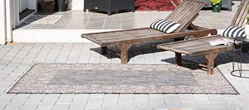 Unique Loom Outdoor Border Collection Area Rug - Floral Border (9' x 12' 2" Rectangle Charcoal Gray/Beige) - Image 3