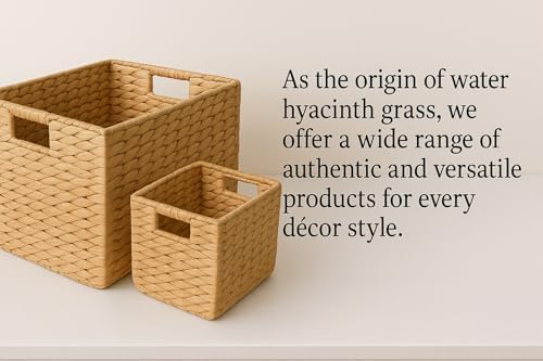 14" and 11" Handwoven Water Hyacinth Storage Baskets with Handles, Set of 2 – Natural Square Woven Organizer Bins for Shelves, Closet, or Living Room Décor - Image 3