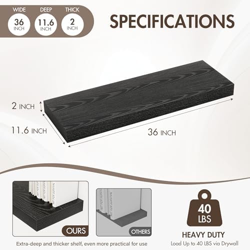 Acovy 36 Inch Floating Shelves, 12" Deep Floating Shelf Wall Mounted, 36" Wall Shelves, Rustic Deep Bookshelf, Extra Deeper & Thicker Display Shelves for Bedroom, Living Room, Black, Set of 2 - Image 4
