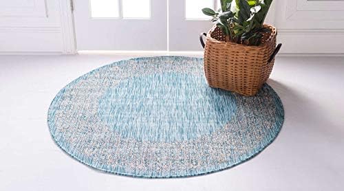 Unique Loom Outdoor Border Collection Area Rug - Floral Border (4' 1" Round, Aqua/ Ivory) - Image 3