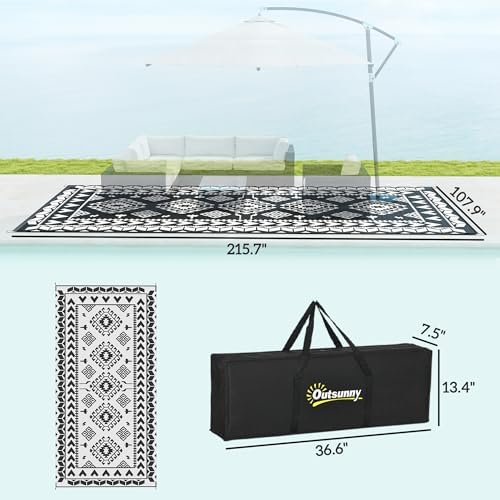 Outsunny Outdoor Rug for Patio Waterproof 9' x 18' Black & White Rhombus - Image 2