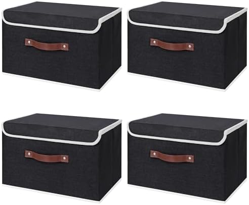 ANMINY Fabric Storage Box Bins with Lids, Black, 15"x10"x10", 4 Pack by ANMINY