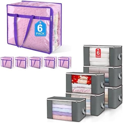 Budding Joy 6 Pack 90L Large Storage Bags and 6 Pack 40L Clear Zippered Storage Bags for Clothes by BuddingJoy-BuildaJoyfulLifeforYou