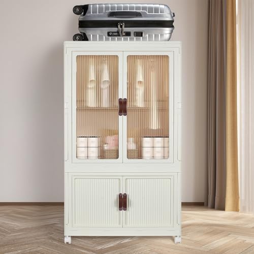 FozsKeylf Stackable Closet Storage Bins, Collapsible Clothes Organizers, Portable Wardrobe Closet with Lids and Doors, Movable Clothes Storage with Coat Hangers, White - Image 2