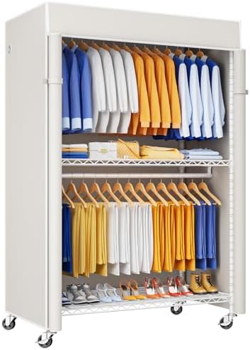 ULIFHOME P8C Pro Heavy Duty Clothes Rack（With Extended Width Design） Rolling Clothing Racks for Hanging Clothes with Lockable Wheels，42" W x 15.8" D x 80.5" H，Load 700LBS，White Rack with White Cover by UlifHome