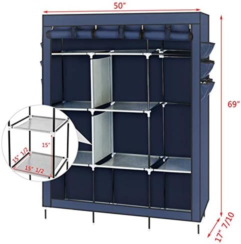 Knocbel Closet Organizer Freestanding Clothes Garment Rack Portable Closets Non-Woven Fabric Cover Wardrobe with Storage Shelves & Hanging Rod, 50" W x 17.7" D x 69" H Dark Blue - Image 4