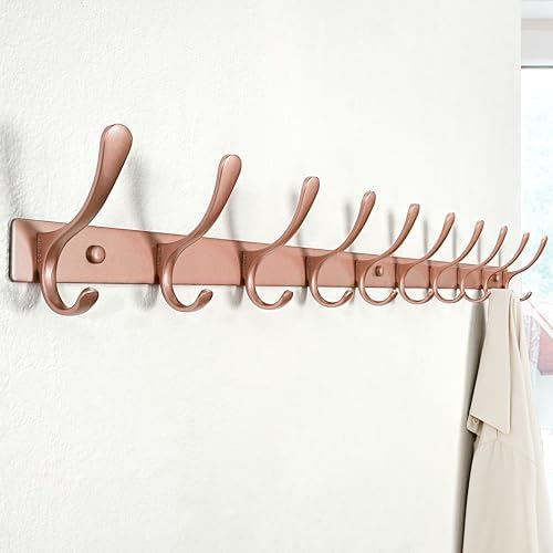 SKOLOO Wall Mounted Coat Rack - 10 Hooks, Pack of 2, Heavy Duty, Stainless Steel, Metal Wall Hanger, Sturdy Coat Hooks for Hanging Coats, Jackets, Clothes, Hats - Matte Rose Gold - Image 3
