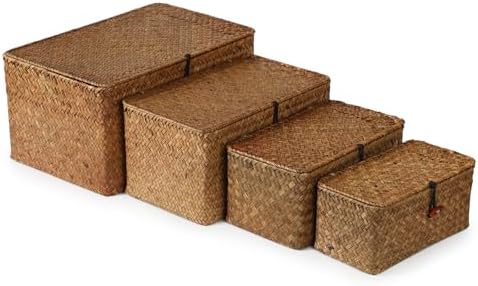 4 Pack, Wicker Baskets with Lids, Natural Seagrass Storage Baskets, Woven Rectangular Basket Bins, Rattan Storage Organizer for Shelf (Coffee, Set of 4) by YANGQIHOME