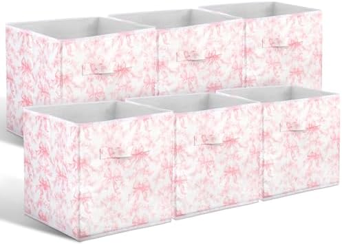 Geelin 6 Pcs Pink Floral Bow Cube Storage Bins 11 in Basket with Handle by Geelin