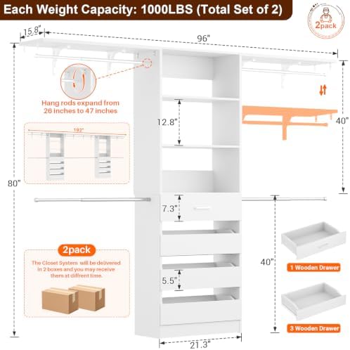 Aheaplus Closet System, Wood Closet Organizer System with Drawers, White - Image 7