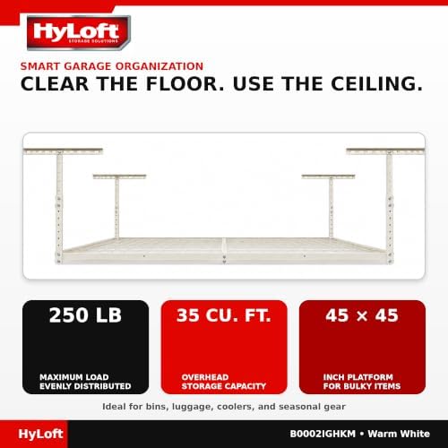 HyLoft Overhead adjustable Garage Storage Rack,Heavy Duty Steel Garage Storage System, 45-Inch x 45-Inch, White - Image 4