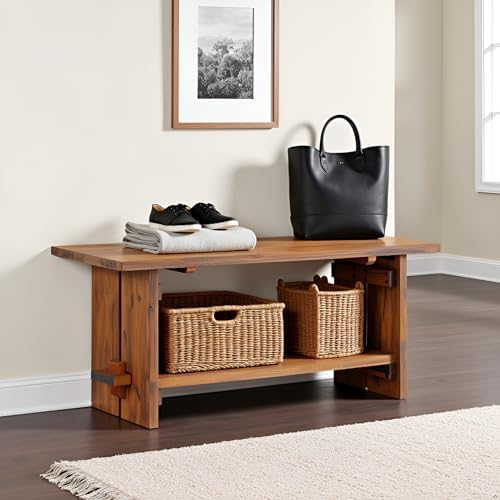 Alaterre Bethel Rustic Solid Wood Entryway Bench with Shelf, Natural - Image 5