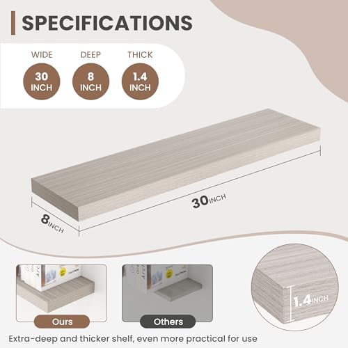 Acovy 30 Inch Floating Shelves, 8 Inch Deep Floating Shelves for Wall, Hanging Shelf with Invisible Brackets, Deep Shelves for Bathroom, Bedroom, Living Room, Grey, Set of 2 - Image 3