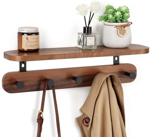 Coat Rack Wall Mount with Shelf, 17" Walnut Wood Wall Shelf with Hooks, Entryway Floating Shelves with 5 Metal Hangers for Coats, Backpacks, Living Room, Bedroom, Bathroom by Homiton