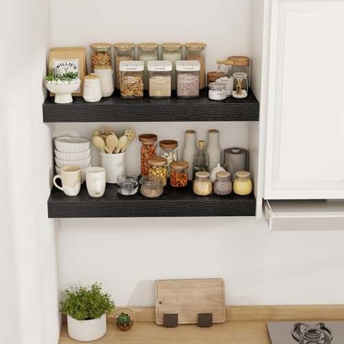 Acovy 30 Inch Floating Shelves, 12" Deep Floating Shelf Wall Mounted, 30" Wall Shelves, Rustic Deep Bookshelf, Extra Deeper & Thicker Display Shelves for Bedroom, Living Room, Black, Set of 2 - Image 2