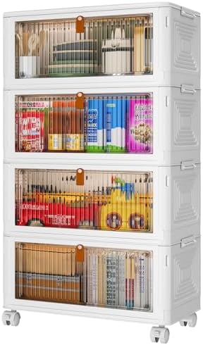 4 Tier Plastic Storage Bins with Lids 35QT, Stackable Storage Containers with Wheels, Folding Storage Boxes, Collapsible Storage Bins, Closet Organizers and Storage for Living Room,Office,Dorm by YFXCVSL