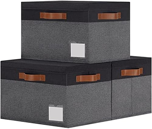 GhvyenntteS Extra Large Storage Bins with Lids, Foldable Fabric Storage Boxes with Lids and Handles, Storage Baskets with Lid and Label for Home Office (3 Pack, Grey&Black, 15.75" x 11.8" x 10.2") by GhvyenntteS