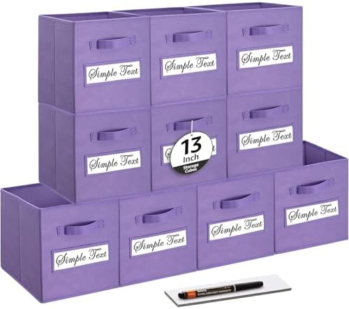 13x13x13 storage cube bins (Set of 10) Fabric storage cubes with 10 Labels Window Cards & a Pen, storage cubes 13x13, Collapsible 13 inch cube storage bins, Cubby Organizer Boxes, Purple by Artsdi