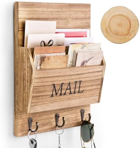 DLQuarts Mail Organizer with Key Holder for Wall Decorative Mail Sorter Wall Mounted, Wooden Mail Holder with 3 Hooks, Carbonized Brown by DLQuarts