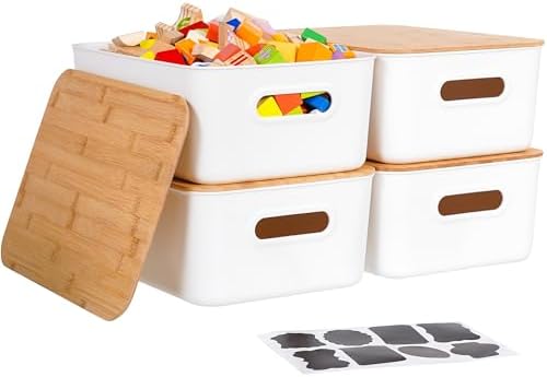 Citylife 16QT Storage Bins with Bamboo Lids, Stackable with Handles, 4-Pack by CITYLIFEHomeOrganization