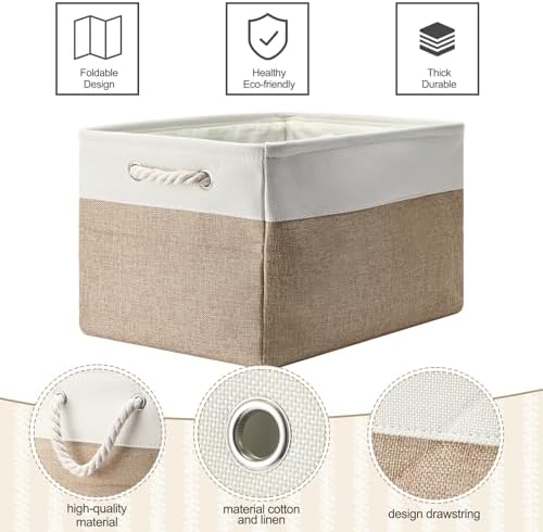 FoldTier 10 Pack Large Collapsible Fabric Storage Baskets with Handles Decorative Storage Bins for Organizing Shelves Toys Clothes(White & Beige,16 x 12 x 10 Inches) - Image 3