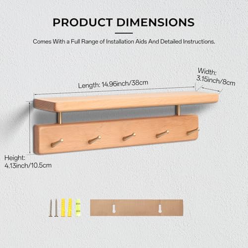 Beech Wood Coat Rack with Shelf, Wall Mounted Rack with 5 Hooks - Image 3