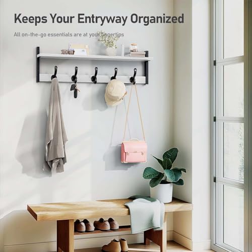 Tatub 29" Coat Rack Wall Mount with Shelf, Entryway Wall Hooks with Shelf, Coat Hangers for Bathroom, Living Room, Bedroom, Rustic White - Image 5