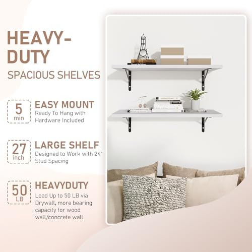 Kaboon 27 inch Long 10 inch Deep Floating Shelves for Wall Set of 2, Large Open Shelves Wall Mounted, Space Saving Home and Commercial Use, White Rock - Image 5