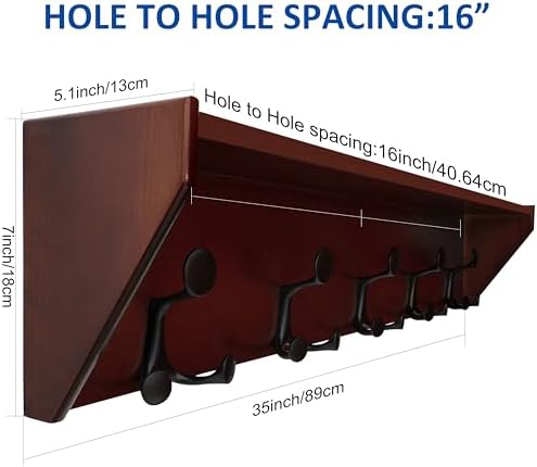 WEBI Wall Shelf with Hooks Underneath,35" Long Wall Mounted Coat Rack with Shelf,Entryway Coat Rack with 5 Triple Hooks for Hanging Coats,Jacket,Hallway,Bedroom,Mudroom,Cherry - Image 6