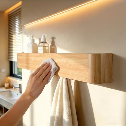 33" Bamboo Coat Rack Wall Mount, 8 Hidden Hooks, Family, Natural - Image 4