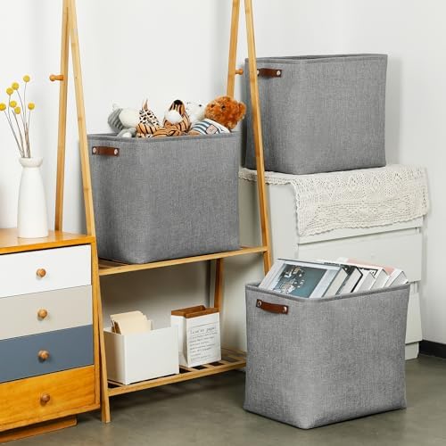DULLEMELO Large Storage Baskets for Blankets Living Room 51L Canvas Storage Baskets for Organizing 3 Pack Collapsible Baskets Bins for Organizing Home Office with Handles (Grey) - Image 4