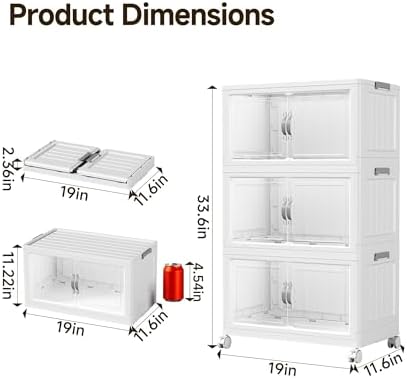 Hanyi 105 QT Stackable Storage Bins with Lids, 3 Tier Collapsible Plastic Storage Cabinet with Magnetic Doors, Removable Top Lid, Locking Wheels, Closet Organizer for Bedroom, Pantry, Office - Image 2