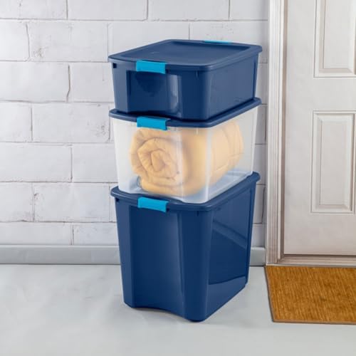 Sterilite 18 Gal Latch and Carry, Stackable Storage Bin with Latching Lid, Plastic Container to Organize Closets, Clear with Blue, 18-Pack - Image 5