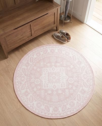 Rugs.com - Outdoor Aztec Rug – 3 Ft Round Pink Indoor/Outdoor Rug – Weather-Resistant Flatweave for Patios, Decks, and Porches - Image 4