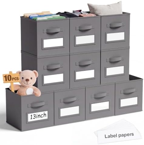 Teenyyou 10 Pack Fabric Storage Cubes 13 Inch Collapsible Cube Bins with Label Window & Handle Foldable Organizers Baskets for Shelf Closet Nursery Kids Room Clothes Book Toy(Gray) by Teenyyou