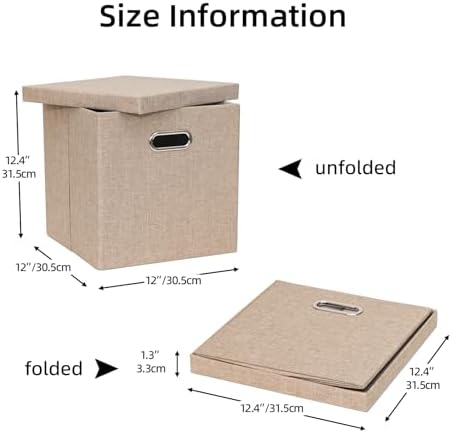 Storage Bins with Lids, Linen Fabric Boxes Organizer Containers with Lid Foldable Storage Box Basket for Closet, Shelves, Home, Office, 12 x 12 x 12 Inch, 4 Pack, Khaki, AG3006-7 - Image 5