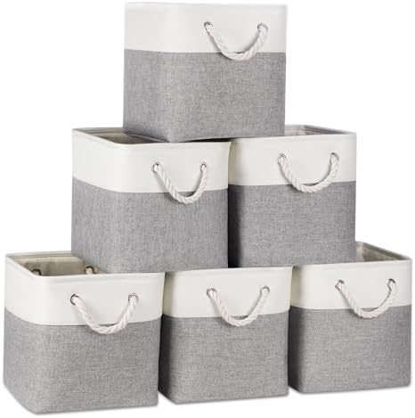 Temary 11 Inch Cube Storage Bins - 6 Pack Foldable Fabric Storage Baskets with Soft Rope Handles, Sturdy Organizer Cubes with Metal Frame for Shelves, Closet, Office & Home Organization (White&Grey) by TEMARY