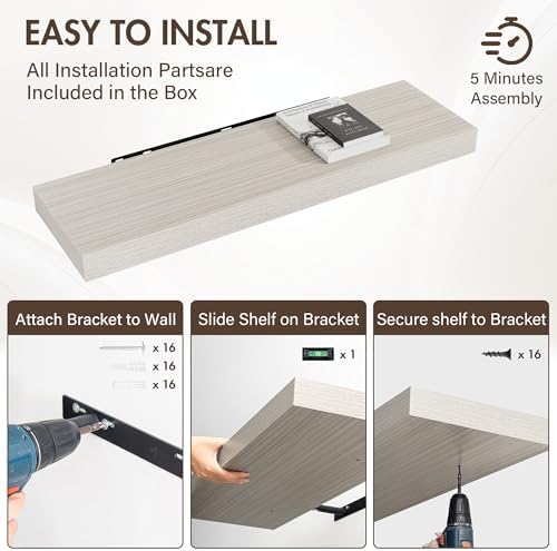 Acovy 40 Inch Floating Shelves, 12" Deep Floating Shelf Wall Mounted, 40" Wall Shelves, Rustic Deep Bookshelf, Extra Deeper & Thicker Display Shelves for Bedroom, Living Room, Gray, Set of 2 - Image 6