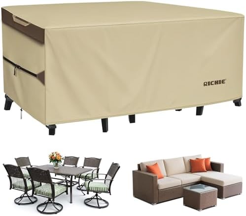 RICHIE Outdoor Patio Furniture Cover - Heavy Duty Waterproof 600D Tough Canvas Protector for Rectangular Table Cover, All-Season Dining Table and Chair Covers (96L x 44W x 28H Inch) by RICHIE