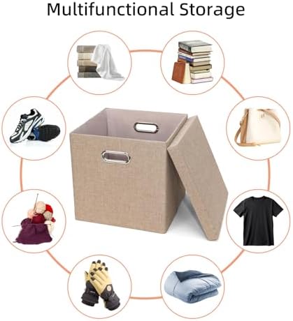 Storage Bins with Lids, Collapsible Linen Fabric Boxes Organizer Containers with Lid Foldable Storage Box Basket for Closet, Shelves, Home, Office, 11 x 11 x 11.4 Inch, 4 Pack, Khaki - Image 7