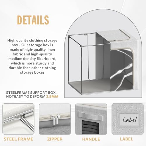 FHSQX 2 Pack Clear Window Storage Bins Large Stackable Linen Fabric Storage for Clothes Foldable Container Organizer Set with Carrying Handles (Lvory White, 23.6x 16.5x 15.7 Inch) - Image 5