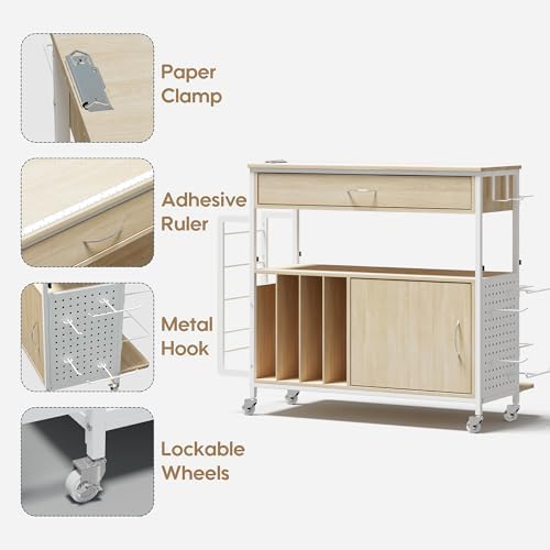 Height-Adjustable Gift Wrapping Station with Paper Clamp & Adhesive Measuring Tape,Rolling Wrapping Paper Cart with Ribbon & Gift Bag Storage, Craft Organizer Workstation (Oak) - Image 4