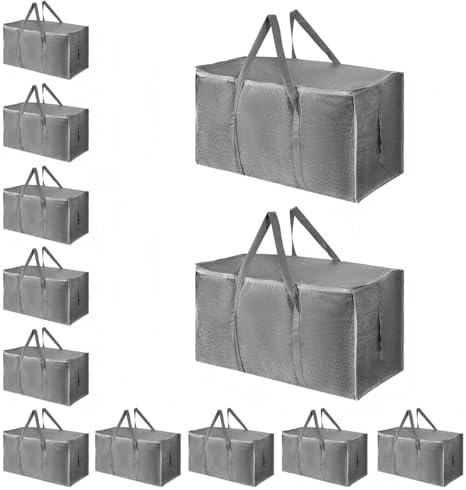 12 Pack-Extra Large Heavy Duty Moving Bags - Waterproof Storage Totes with Handles & Zippers, Foldable for College Dorm, Storage (Gray) by Unknown