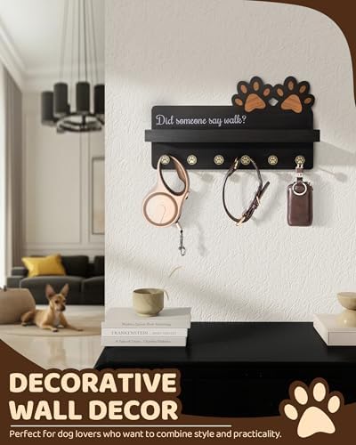 MTERSN Decorative Dog Leash Holder for Wall with Shelf & 6 Hooks, Black - Image 3
