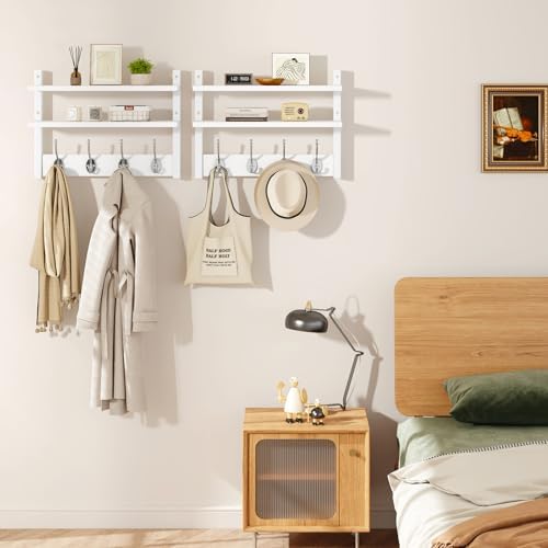 YMYNY Double Shelf Coat Rack Wall Mount with 8 Hooks, White HWS009W-2 - Image 6