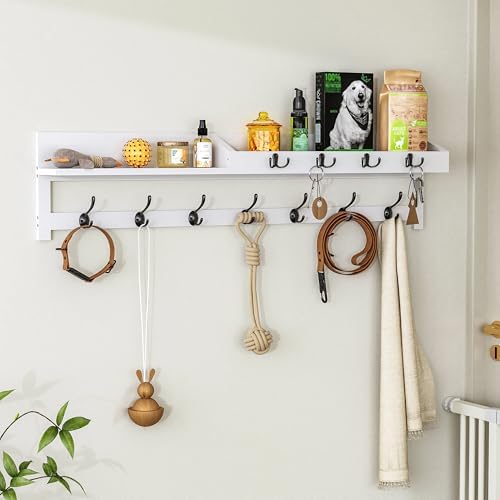 AMBIRD 35 inch Coat Rack Wall Mount, Extra Long Coat Hooks Wall Mount, Entryway Shelf with 7 Dual Coat Hooks 4 Key Hooks Mail Organizer, Wooden Wall Coat Rack with Hooks, Key Holder Rack (White) - Image 2