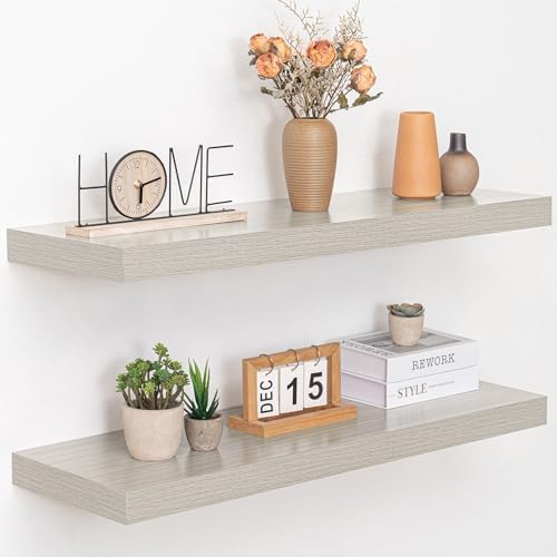 Acovy 36 Inch Floating Shelves, 12" Deep Floating Shelf Wall Mounted, 36" Wall Shelves, Rustic Deep Bookshelf, Extra Deeper & Thicker Display Shelves for Bedroom, Living Room, Gray, Set of 2 by Acovy