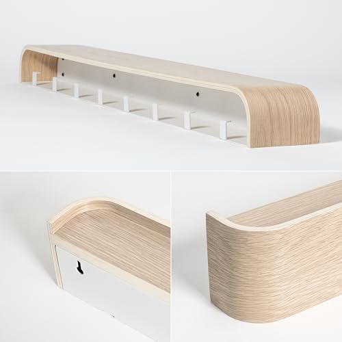 Kazai. Wall-Mounted Coat Rack 'Toke' - Modern Design Coat Rack with Hidden Wall Hooks - Solid Wood Veneer Panel Coat Hanger - Oak, White - Image 4
